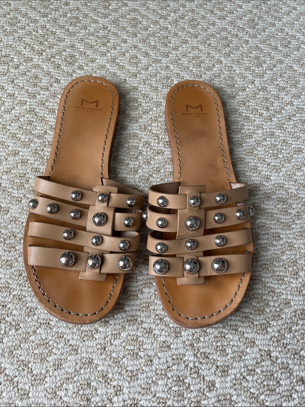 Marc Fisher LTD Nude Tan Leather Stud Slide Sandals